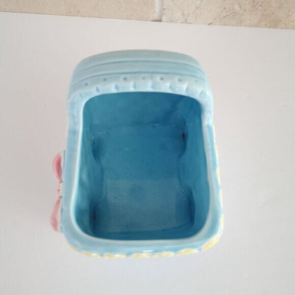 Blue Baby Carriage Ceramic Planter Vintage Nursery Decor Baby Shower Gift - Picture 7 of 10